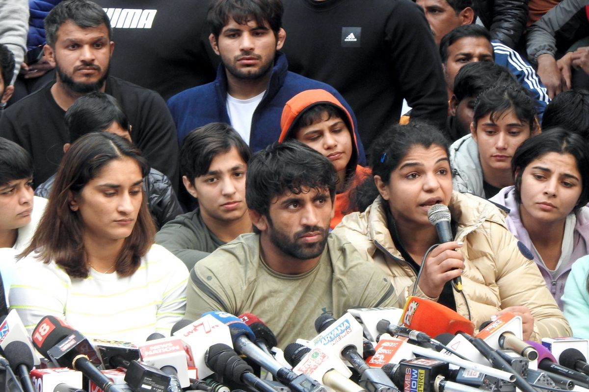 New Delhi: Indian wrestlers including Vinesh Phogat, Bajrang Punia and Sakshee Malikkh address a pre