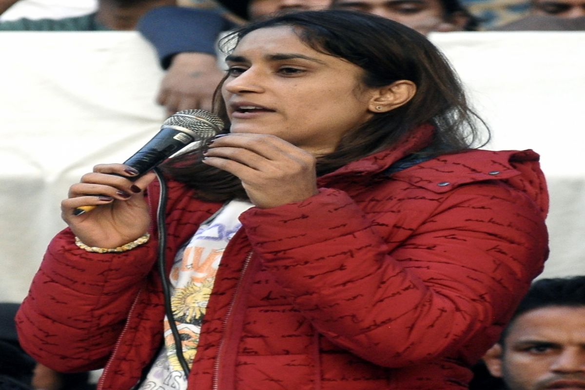 New Delhi: Wrestler Vinesh Phogat addresses the media during a protest against the Wrestling Federat