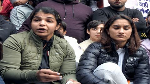 New Delhi: Wrestler Vinesh Phogat addresses the media during a protest against the Wrestling Federat
