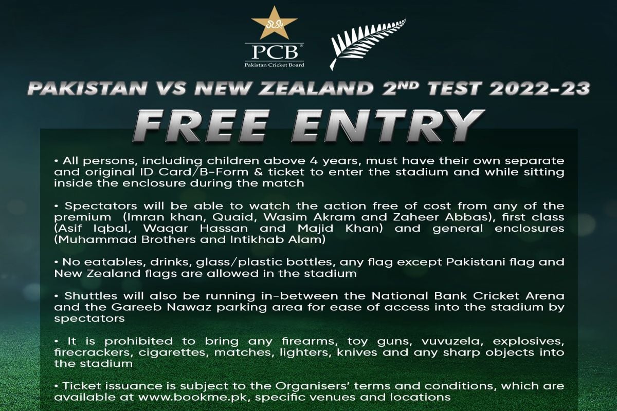 PCB Announces Free Entry For Fans For The Second Test Between Pakistan, New Zealand PCB Announces Free Entry For Fans For The Second Test Between Pakistan, New Zealand
