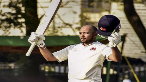 Guwahati:Mumbai batsman Prithvi Shaw celebrates after scoring a triple-centuries during second day o