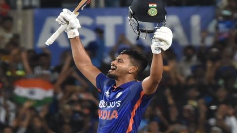 Ranchi : Indian batter Shreyas Iyer celebrates after scoring a century during the 2nd ODI cricket ma