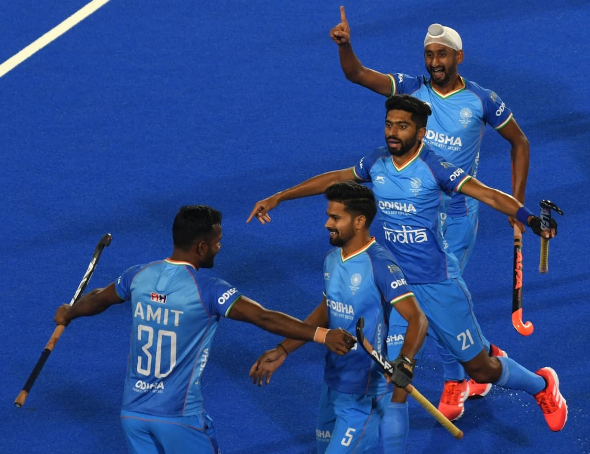 Rourkela :  Amit Rohidas (30) of India celebrates with teammates after scoring a goal against Spain 