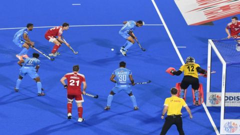 Rourkela:Players in action during the FIH Odisha Hockey Men's World Cup match between India and Eng