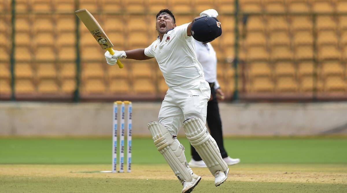 Bengaluru:Mumbai Batsman Sarfaraz Khan celebrates after scoring a century during Ranji Trophy final 