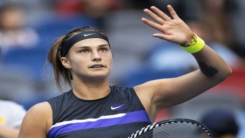 Aryna Sabalenka celebrates after the women's singles first round
