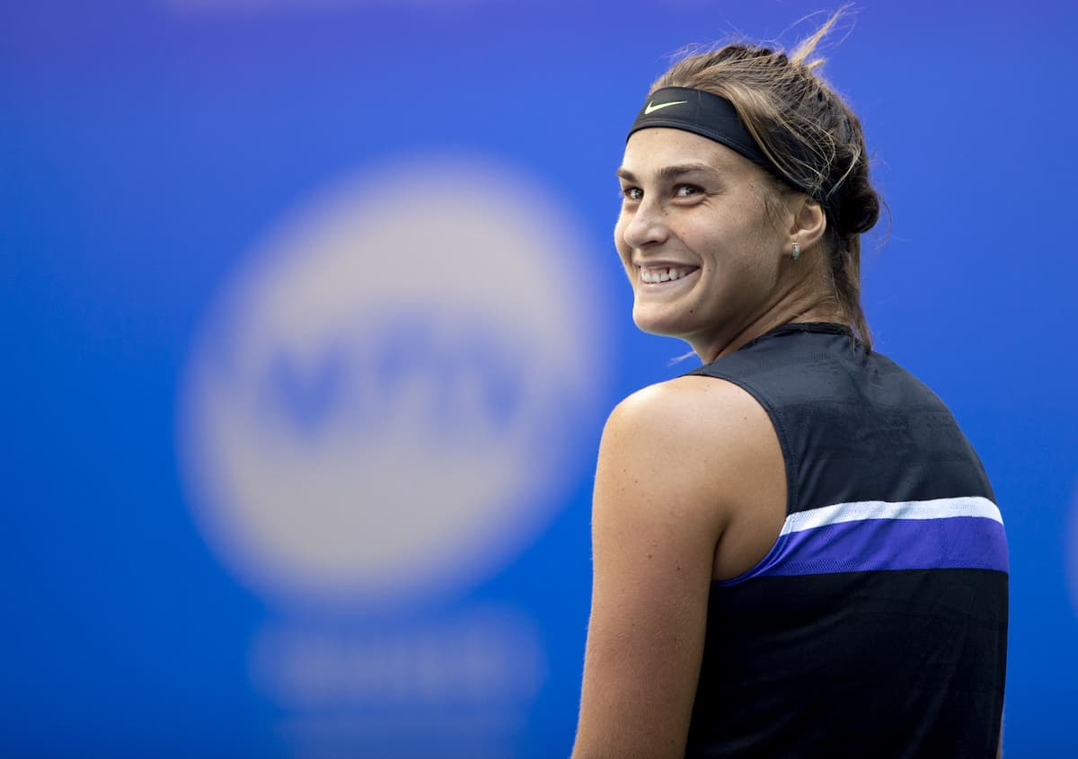 Aryna Sabalenka reacts during the women's singles first round