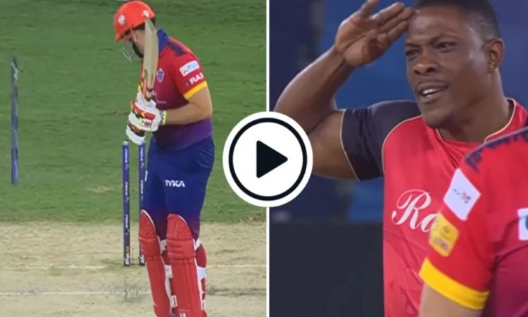 Cricket Image for Sheldon Cottrell Bowled George Munsey To Take Out His Leg Stump
