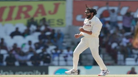 Nagpur:Ravindra Jadeja raises his bat to celebrate scoring a half century during the second day of t