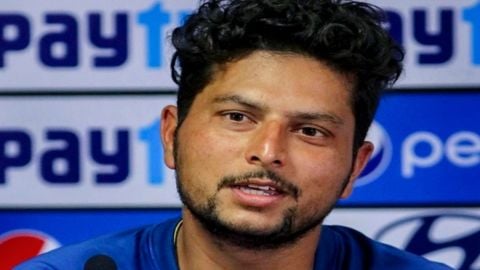 New Delhi : Indian bowler Kuldeep Yadav celebrates after a dismissal during the 3rd ODI cricket matc