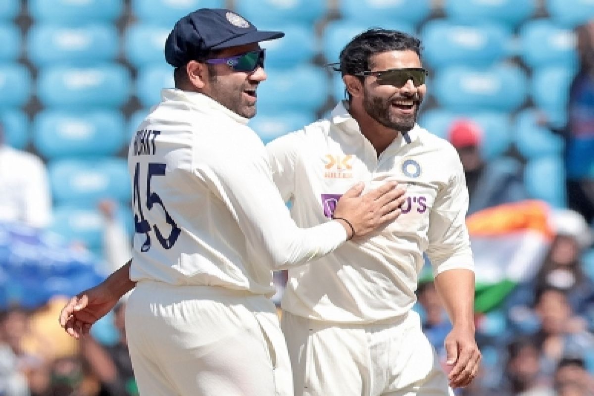 Nagpur: Indian captain Rohit Sharma with Ravindra Jadeja during the first day of the first cricket m