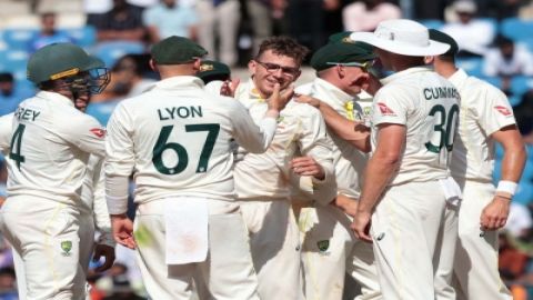 Nagpur:Australia's Todd Murphy,celebrates with his teammates the dismissal of India's Srikar Bharat 