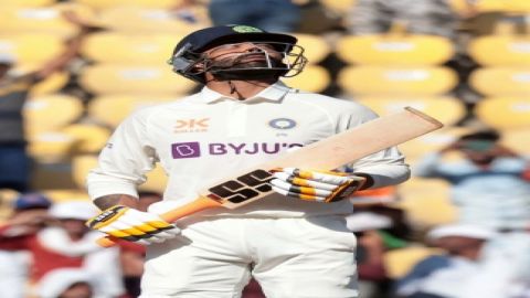 Nagpur:Ravindra Jadeja reacts after scoring a half century during the second day of the first cricke