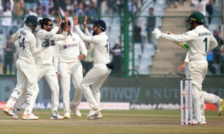 New Delhi : Indian all-rounder Ravindra Jadeja celebrates the wicket of Australian batter Usman Khaw