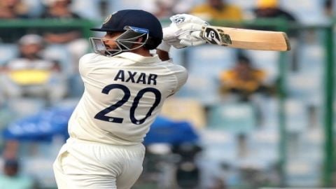 New Delhi : India's Axar Patel plays a shot during the second day of the second cricket test match b