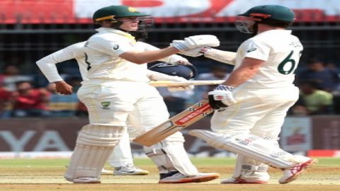 Indore:Australia's Travis Head and Marnus Labuschagne greet each other after winning the third crick