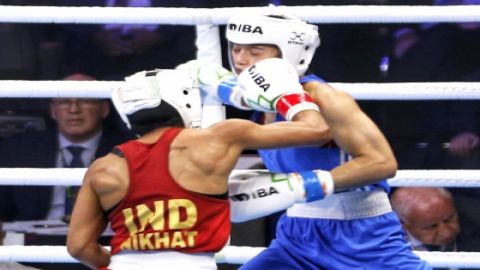 New Delhi: India's Nikhat Zareen being declared winner over Vietnam's Nguyen Thi Tam in 50 kg finals