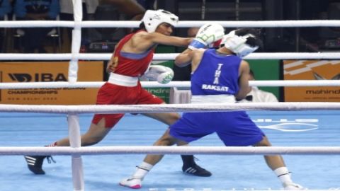 New Delhi: India's Nikhat Zareen reacts after winning her 48kg-50kg category quarterfinals match aga