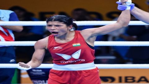 New Delhi: India's Nikhat Zareen reacts after winning her 50kg (Light Flyweight) category semifinals