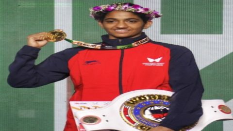 New Delhi: India's Nitu Ghanghas poses with the gold medal after winning the 2023 IBA Wom