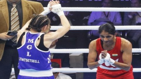 New Delhi: Indias Nitu Ghanghas reacts after winning the final match in 48 kg category