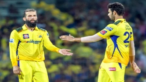 Chennai: LSG's player Moeen Ali along with his teammate Shivam Dube celebrate the dismissal of LSG's