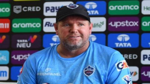 Guwahati : Delhi Capitals bowling coach James Hopes addressing a press conference ahead of the IPL 2