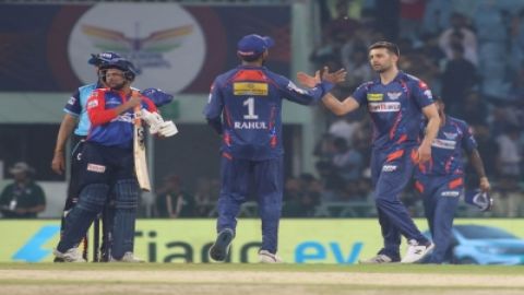 Lucknow : LSG's Mark Wood celebrates the dismissal of DC's Sarfaraz Khan with teammates during the I