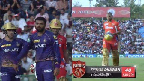 Cricket Image for VIDEO: वरुण चक्रवर्ती के चक्रव्यूह में फंसे शिखर धवन, पलक झपकते ही उड़ गई गिल्लिया