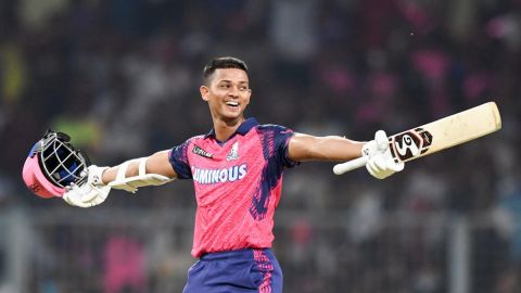 batsman Yashasvi Jaiswal celebrates after winning the IPL 2023 match against Kolkata Knight Riders (