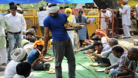 Supporters of the Wrestlers' protest having lunch