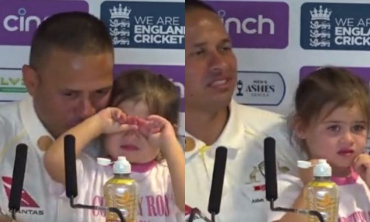 VIDEO: इंग्लैंड को धोने के बाद,  प्रेस कॉन्फ्रेंस में अपनी बेटी को ले आए ख्वाजा