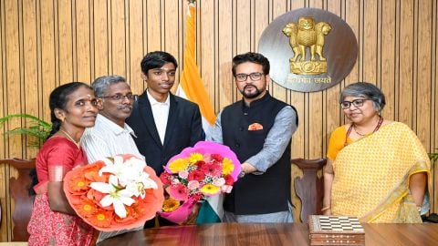 Sports Minister Anurag Thakur honours chess GM R. Praggnanandhaa and his parents 