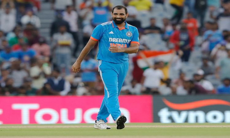 Mohali: India's Mohammed Shami celebrates a dismissal during ODI cricket match between India and Aus