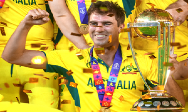 Ahmedabad: Australian captain Pat Cummins holds the trophy after winning the ICC Men's Cricket World