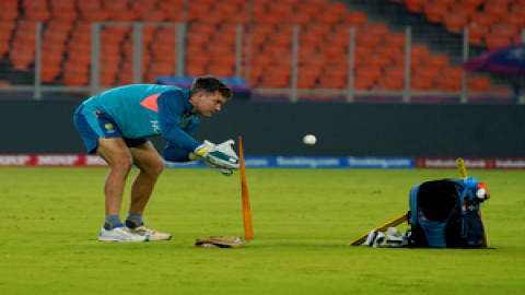 Ahmedabad : Australian players during a practice session ahead of their ICC World Cup match 