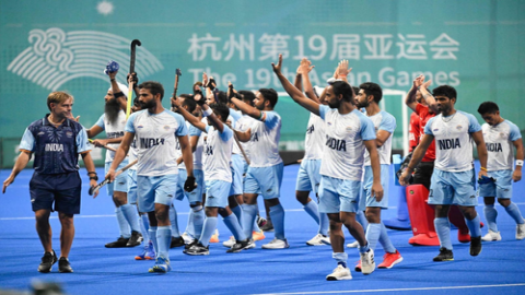 Hangzhou: Indian team players celebrate after winning the Men's Hockey Final match at the 19th Asian