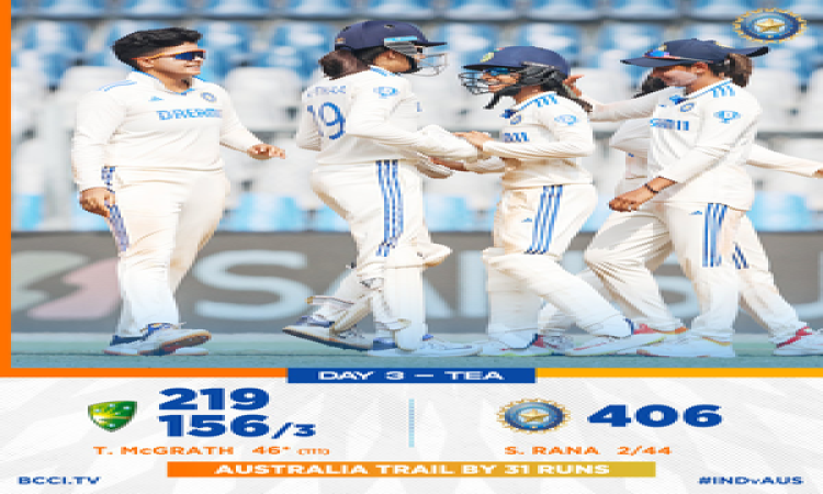 IND W v AUS W: Australia, 156/3 at tea, trail India by 31 runs in one-off Test