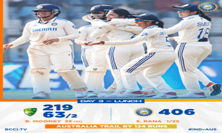 IND W v AUS W: Australia, 63/2 at lunch, trail India by 124 runs in one-off Test