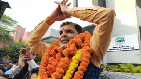 New Delhi: Sanjay Singh, an aide of former WFI chief Brij Bhushan Sharan Singh, celebrates after bei