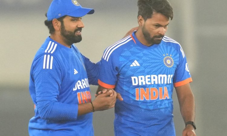 Mohali: India's Mukesh Kumar and Rohit Sharma celebrate the wicket of Afghanistan's Mohammad Nabi du