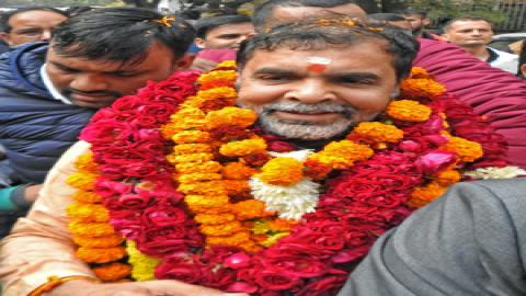 New Delhi: Sanjay Singh celebrates with supporters after being elected as the new president of the W