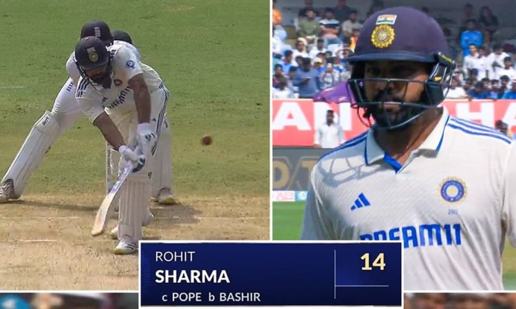 Rohit Sharma gets out to Shoaib Bashir at leg slip dismissed for 14 in 41 balls