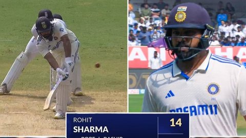 Rohit Sharma gets out to Shoaib Bashir at leg slip dismissed for 14 in 41 balls