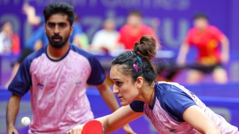 Hangzhou : Table Tennis player Manika Batra and Sathiyan Gnanasekaran compete during the Mixed Doubl