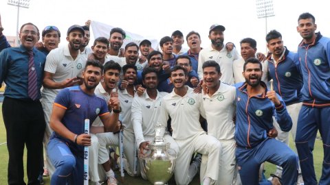 Jan 2018,Indore,Vidarbha clinch maiden Ranji Trophy,Vidarbha players celebrate,Vidarbha players, cel