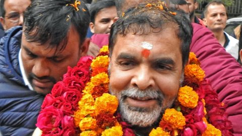 New Delhi: Sanjay Singh celebrates with supporters after being elected as the new president of the W