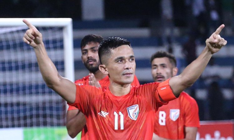 Bengaluru: Indian team captain Sunil Chhetri celebrates after winning a football match against Nepal