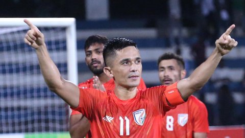 Bengaluru: Indian team captain Sunil Chhetri celebrates after winning a football match against Nepal