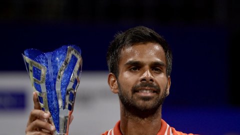 Chennai: India's Sumit Nagal in action during the singles final match at the ATP Challenger Chennai 